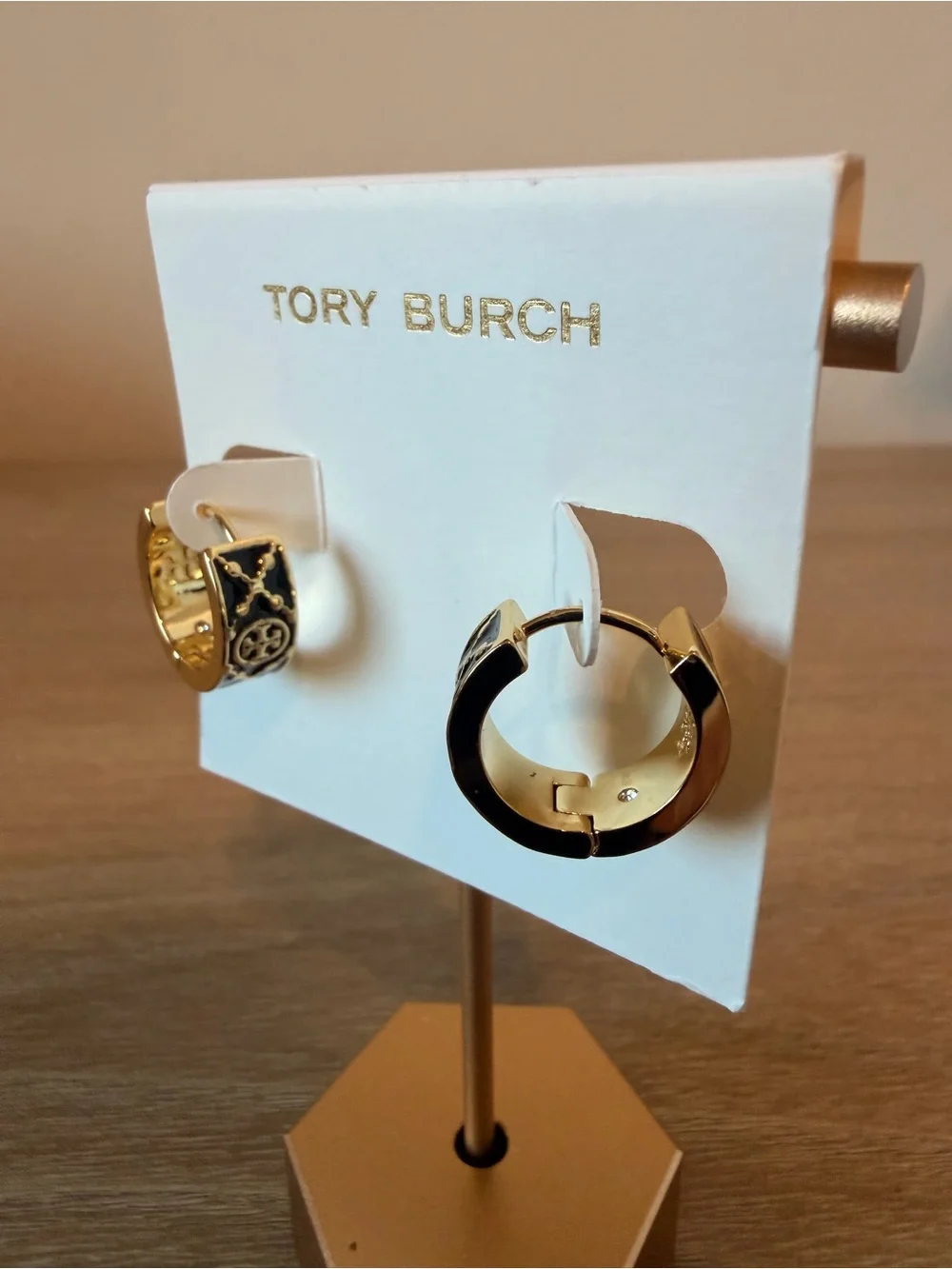 Tory Burch Kira Black Enamel Logo Huggie Hoop Earrings Gold Tone